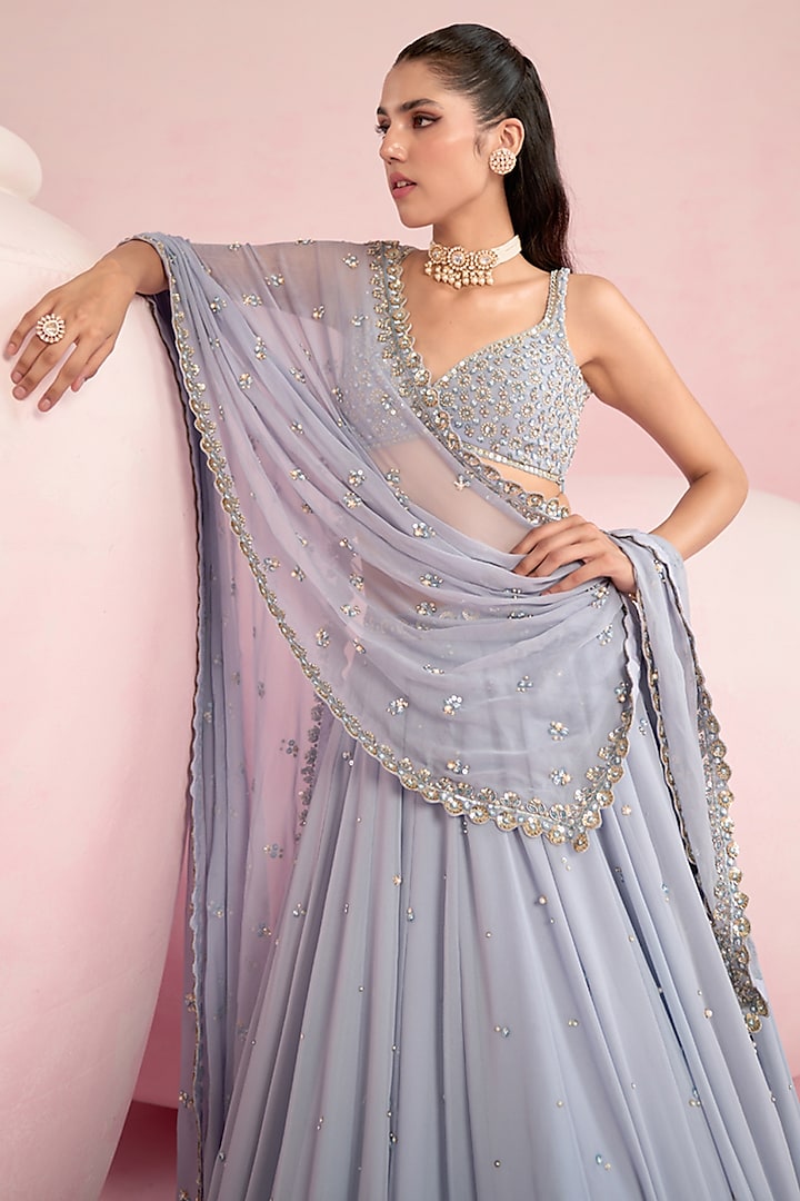 Blue Georgette Pearl Embroidered Double-Layered Wedding Lehenga Set by Prevasu at Pernia's Pop Up Shop