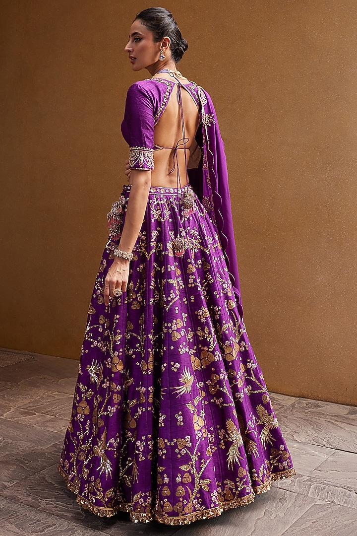 Purple Silk Hand Block Printed & Embroidered Bridal Lehenga Set by Prevasu at Pernia's Pop Up Shop