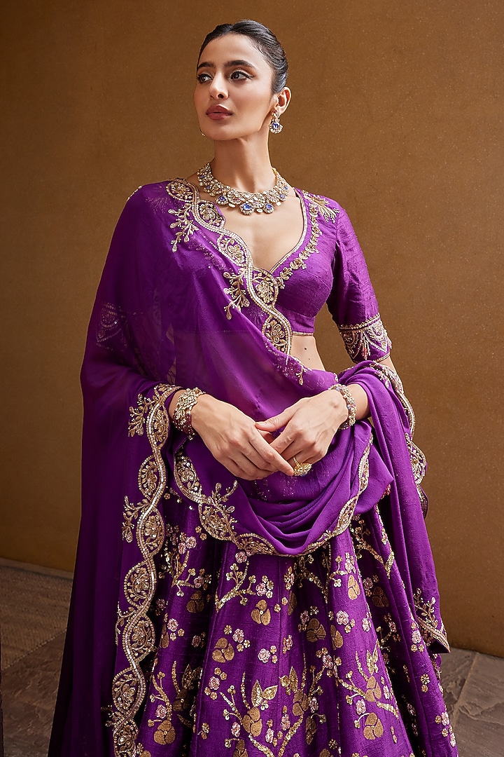 Purple Silk Hand Block Printed & Embroidered Bridal Lehenga Set by Prevasu at Pernia's Pop Up Shop