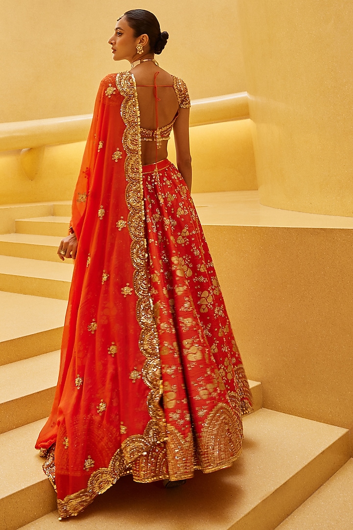 Orange Silk Hand Block Printed & Embroidered Bridal Lehenga Set by Prevasu at Pernia's Pop Up Shop