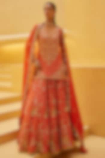 Burnt Orange Blended Tussar Zardosi Embroidered Bridal Lehenga Set by Prevasu at Pernia's Pop Up Shop
