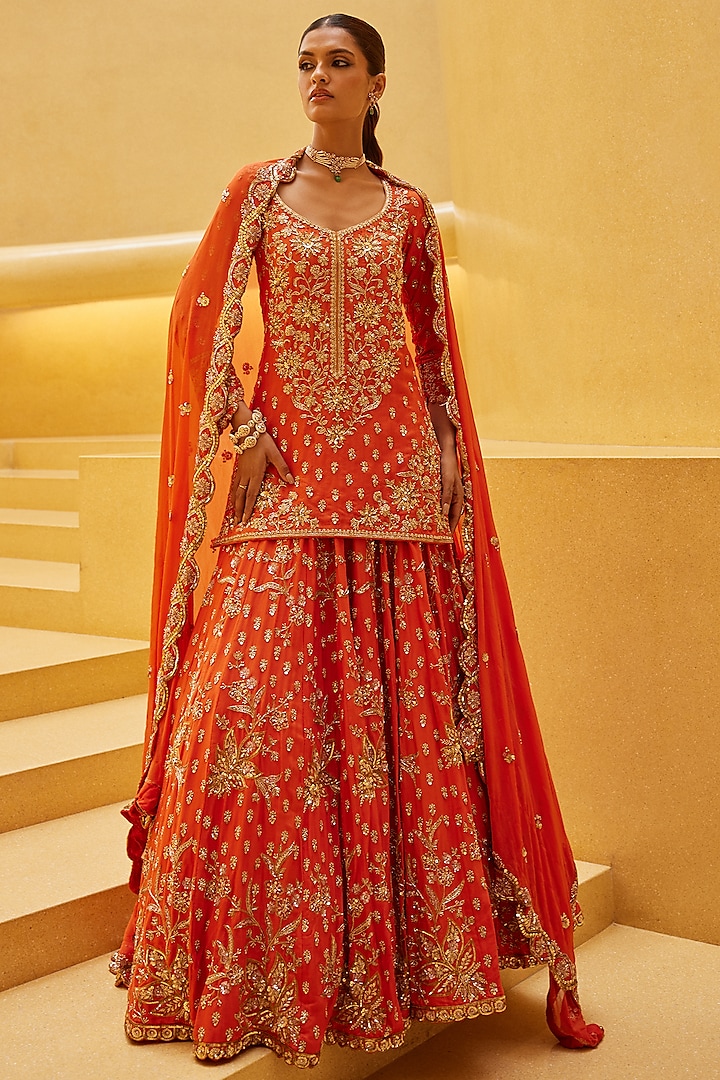 Burnt Orange Blended Tussar Zardosi Embroidered Bridal Lehenga Set by Prevasu at Pernia's Pop Up Shop