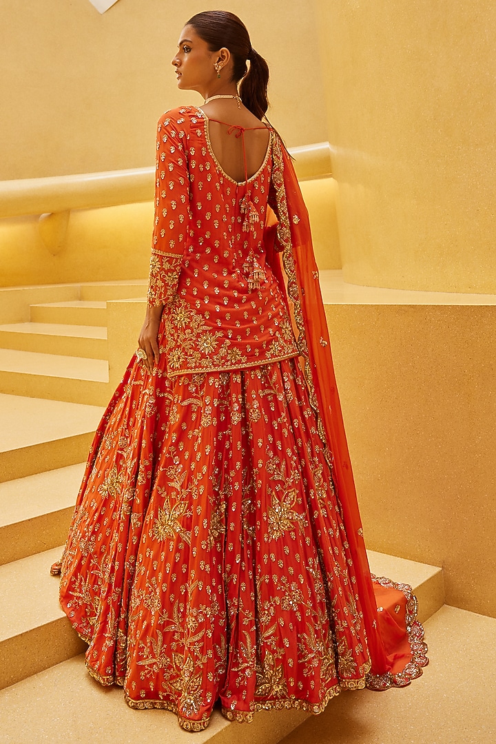 Burnt Orange Blended Tussar Zardosi Embroidered Bridal Lehenga Set by Prevasu at Pernia's Pop Up Shop