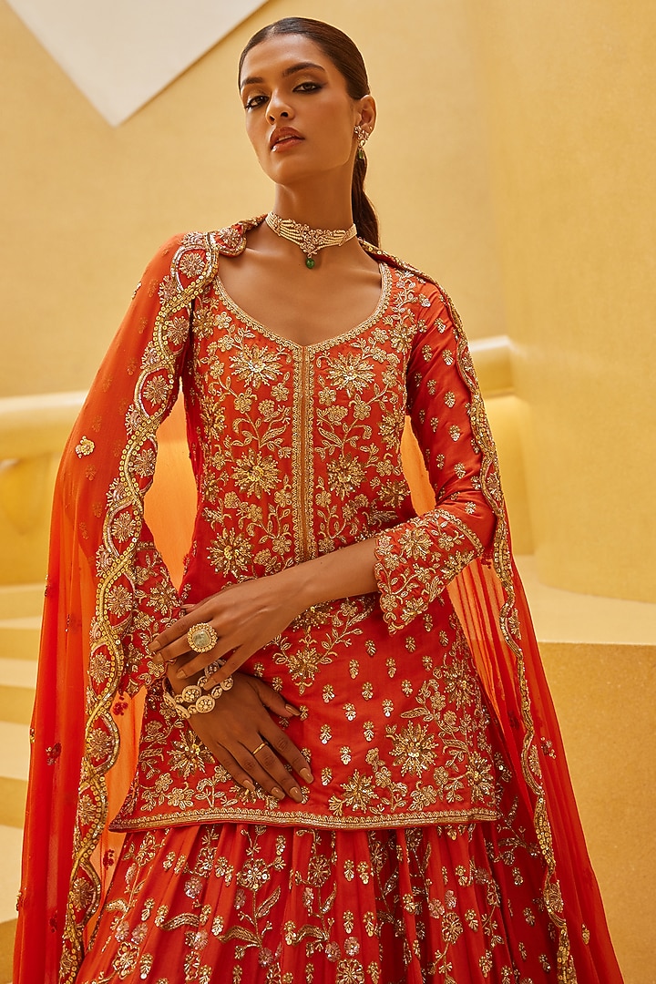Burnt Orange Blended Tussar Zardosi Embroidered Bridal Lehenga Set by Prevasu at Pernia's Pop Up Shop