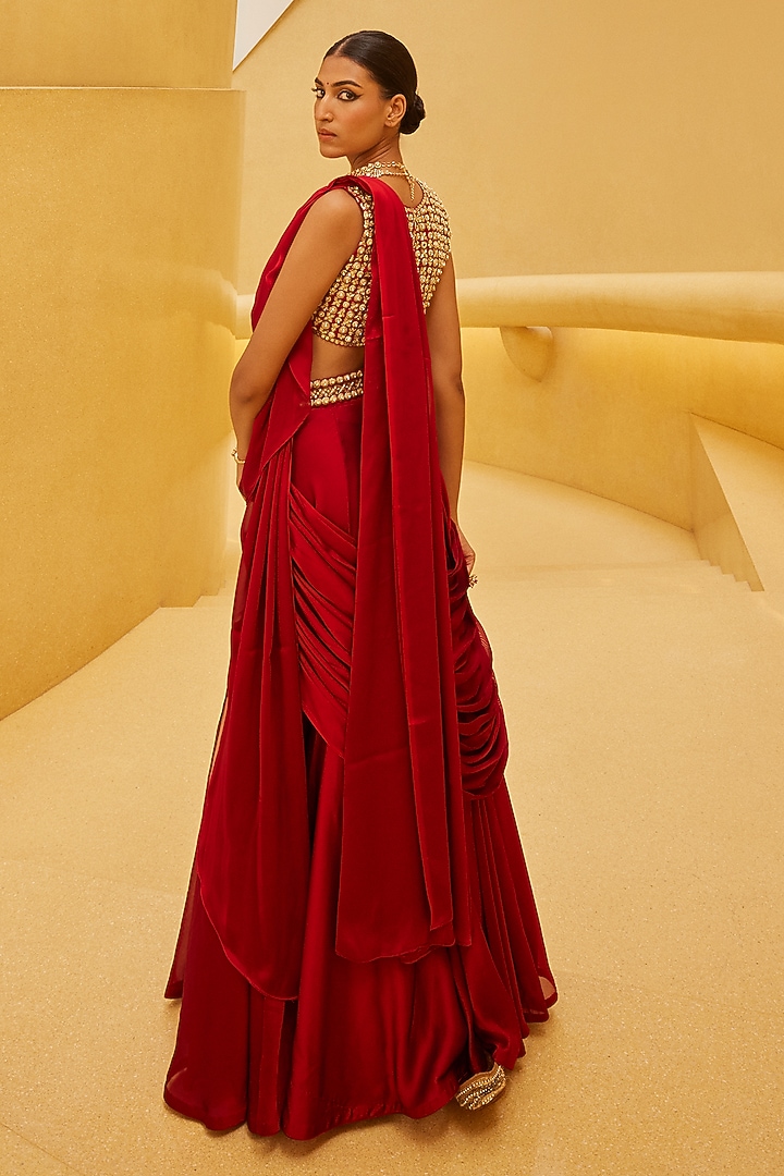Red Georgette Draped Wedding Saree Set by Prevasu at Pernia's Pop Up Shop