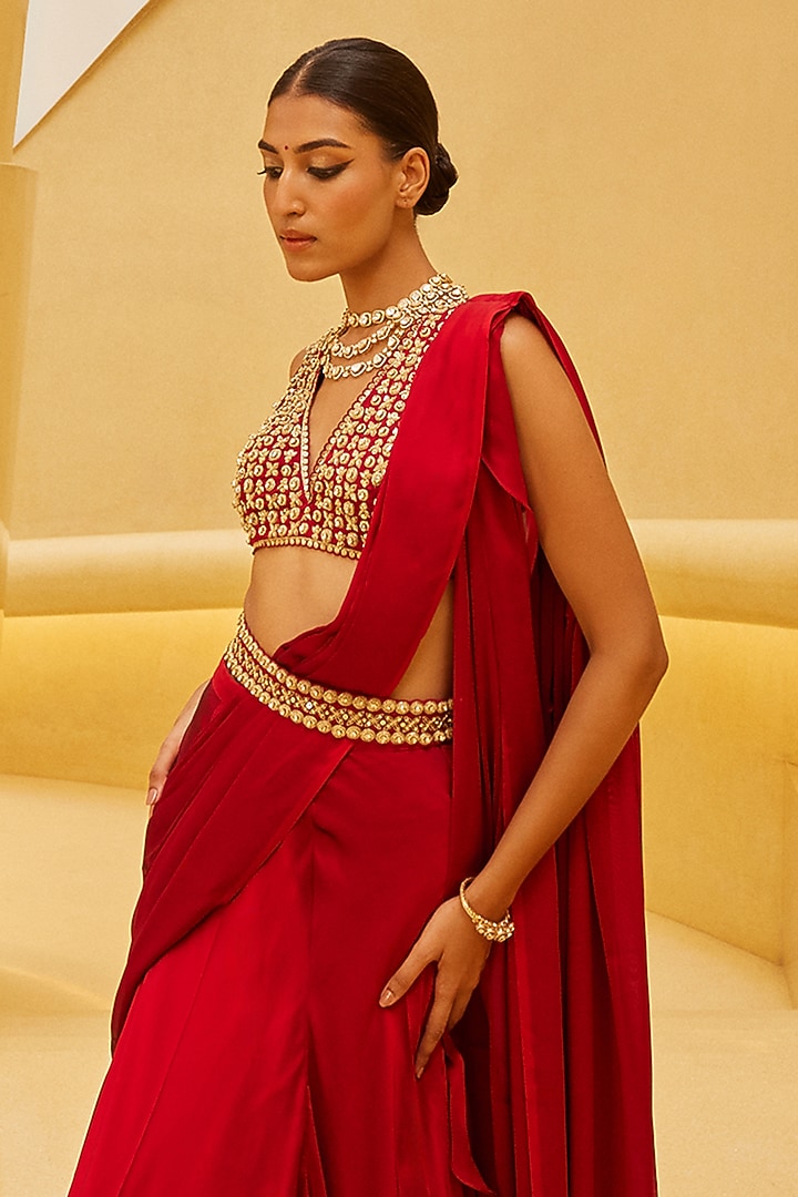 Red Georgette Draped Wedding Saree Set by Prevasu at Pernia's Pop Up Shop