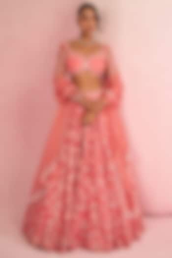 Soft Peach Pink Organza Zardosi Embroidered Bridal Lehenga Set by Prevasu at Pernia's Pop Up Shop