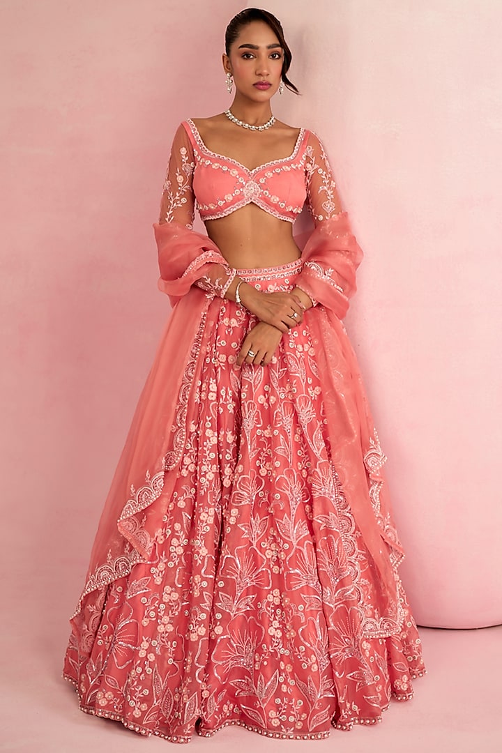 Soft Peach Pink Organza Zardosi Embroidered Bridal Lehenga Set by Prevasu at Pernia's Pop Up Shop