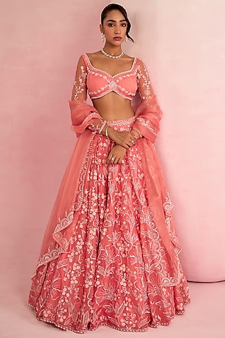 Soft Peach Pink Organza Zardosi Embroidered Lehenga Set by Prevasu