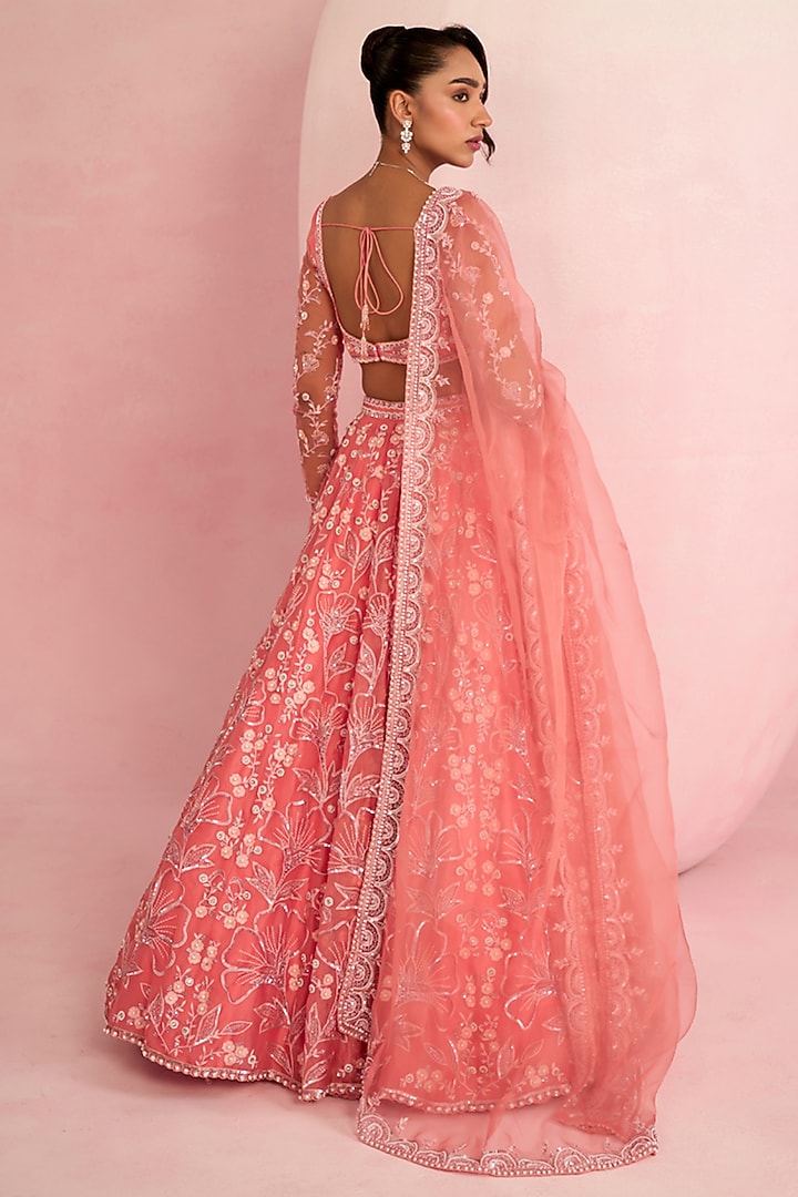 Soft Peach Pink Organza Zardosi Embroidered Bridal Lehenga Set by Prevasu at Pernia's Pop Up Shop