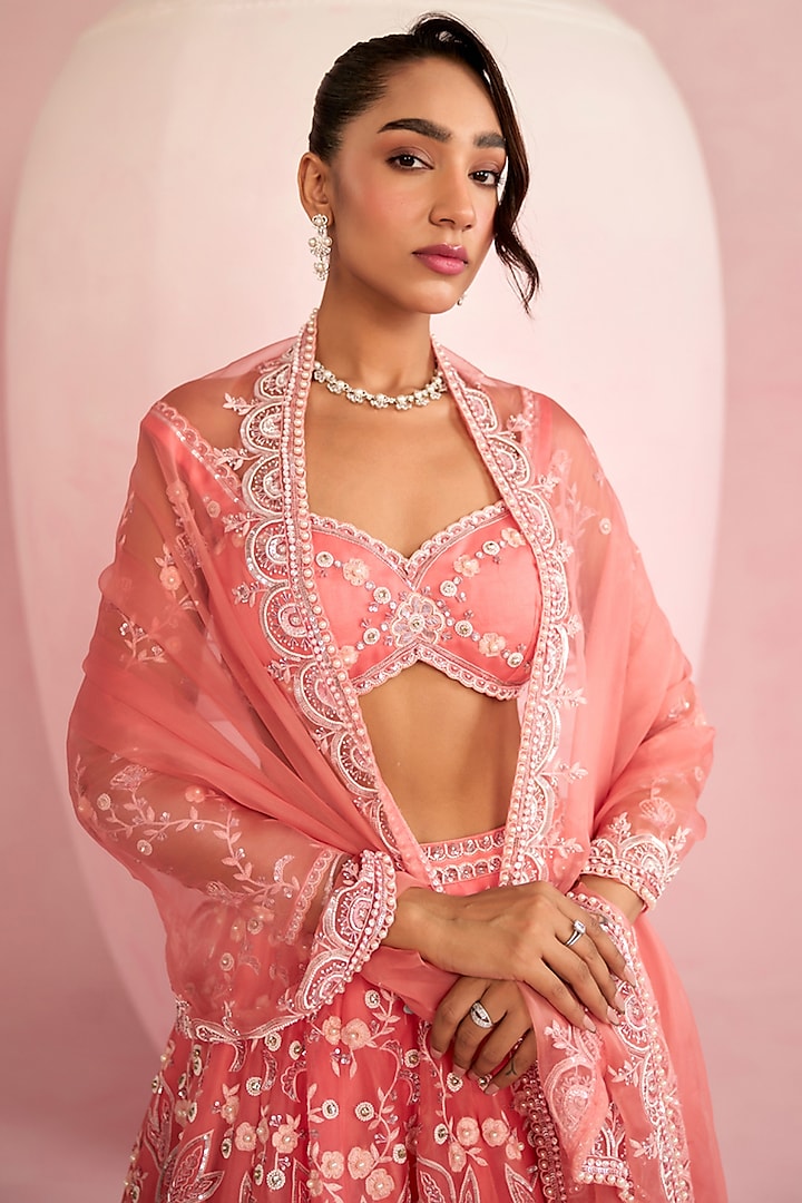 Soft Peach Pink Organza Zardosi Embroidered Bridal Lehenga Set by Prevasu at Pernia's Pop Up Shop