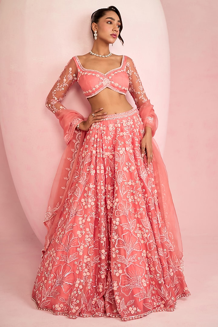 Soft Peach Pink Organza Zardosi Embroidered Bridal Lehenga Set by Prevasu at Pernia's Pop Up Shop