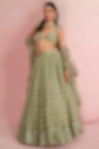 Sage Green Organza Zardosi Embroidered Bridal Lehenga Set by Prevasu at Pernia's Pop Up Shop