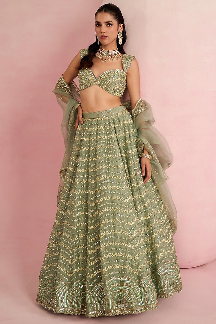 Sage Green Organza Zardosi Embroidered Bridal Lehenga Set by Prevasu at Pernia's Pop Up Shop