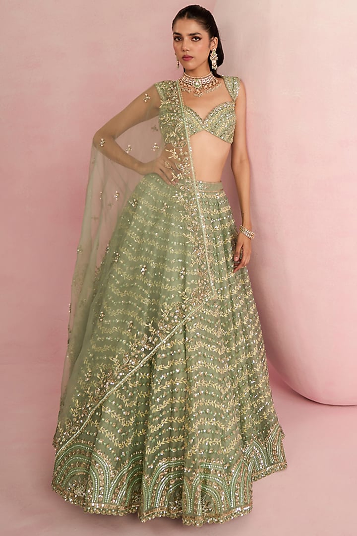 Sage Green Organza Zardosi Embroidered Bridal Lehenga Set by Prevasu at Pernia's Pop Up Shop