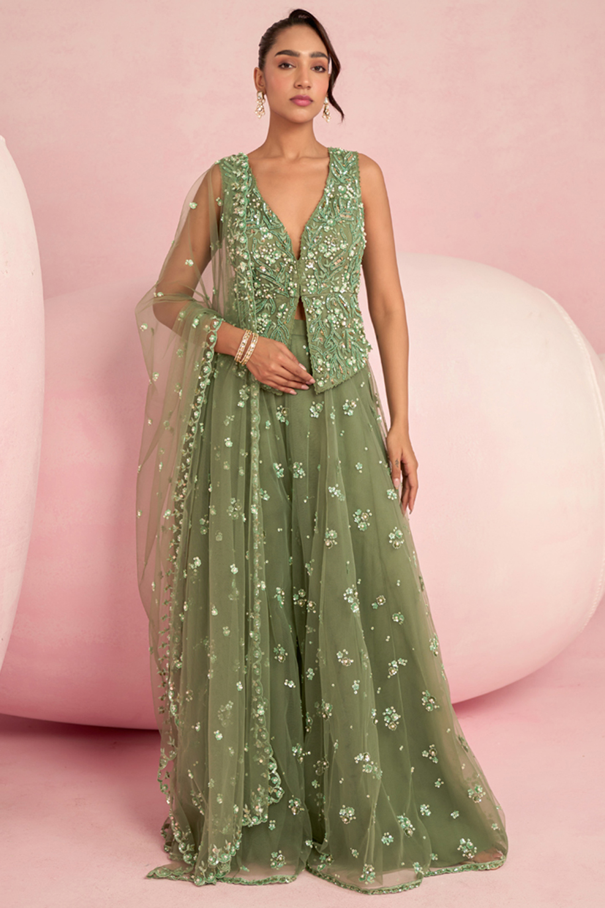 Sage Green Net Sequins Embroidered Bridal Sharara Set by Prevasu at Pernia's Pop Up Shop
