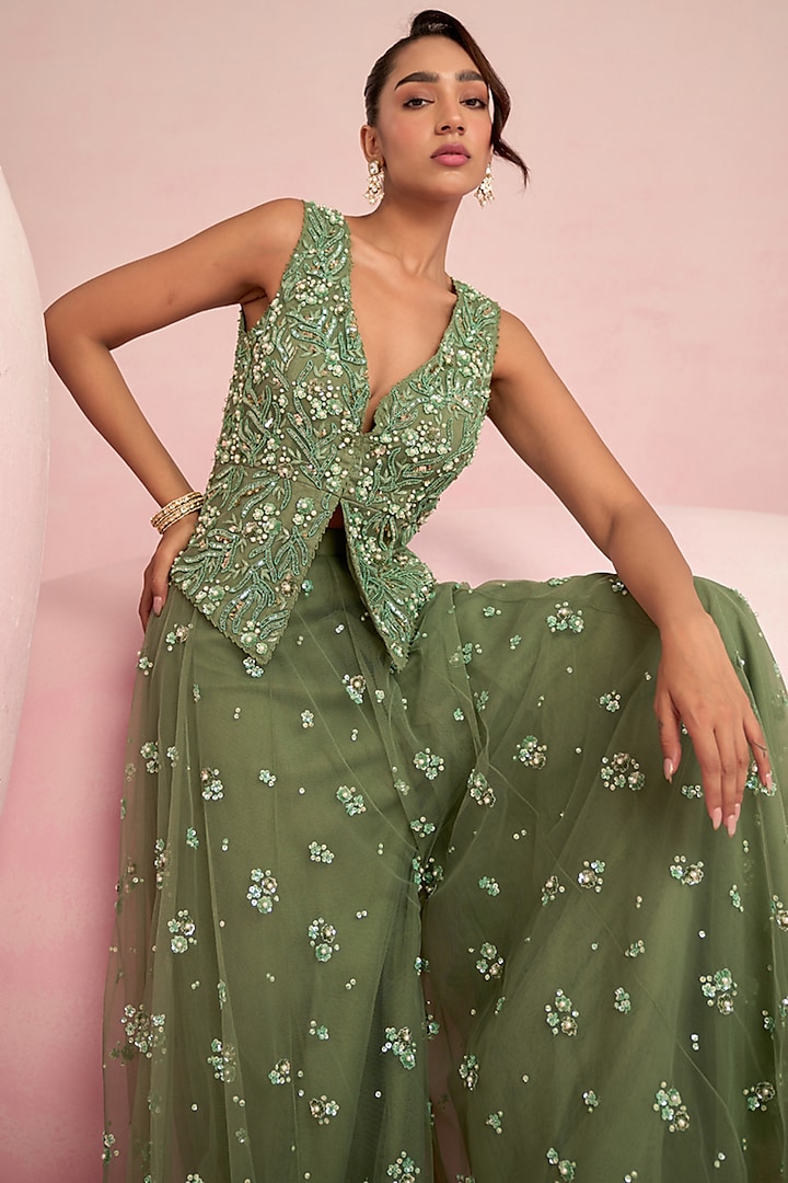 Sage Green Net Sequins Embroidered Bridal Sharara Set by Prevasu at Pernia's Pop Up Shop