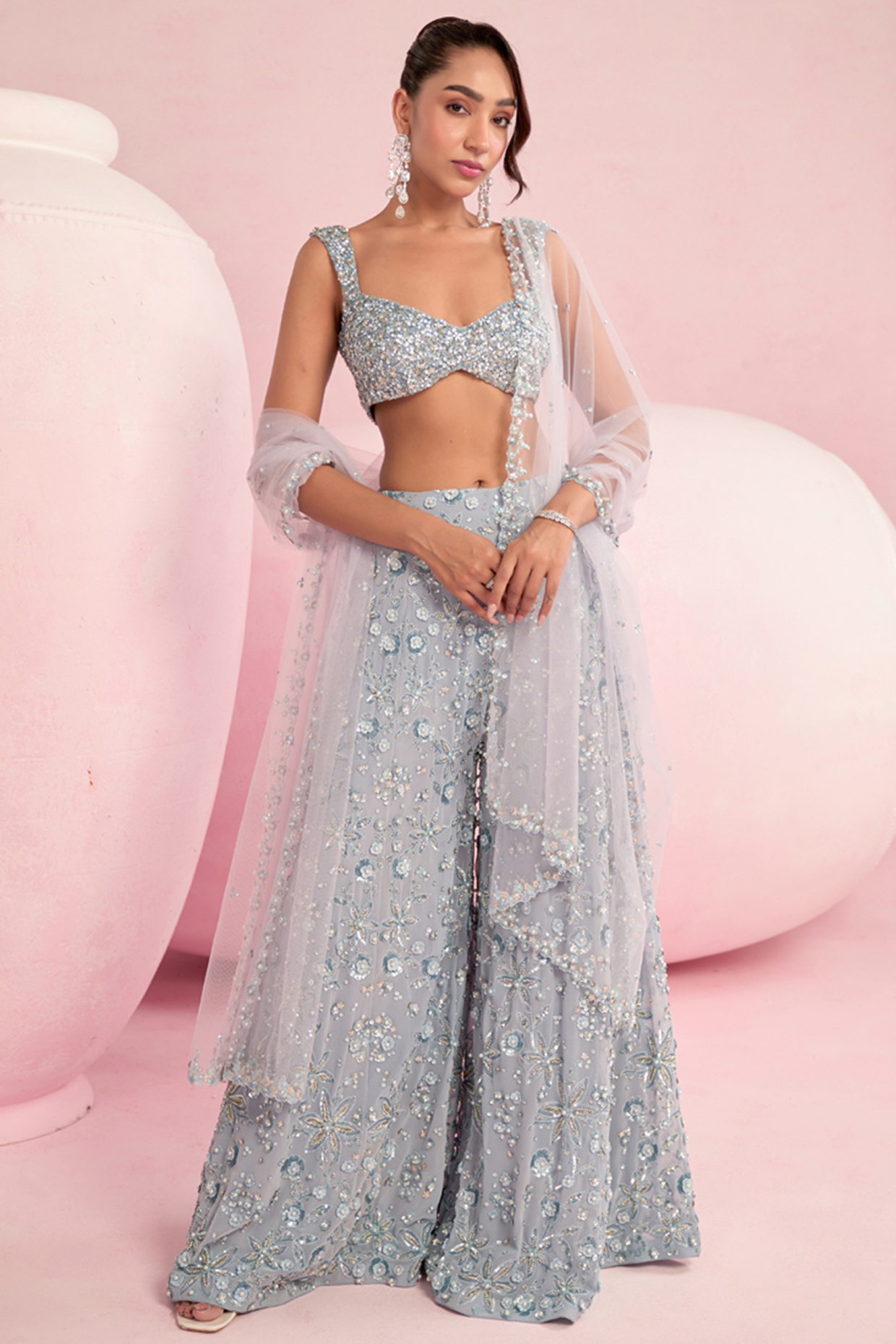 Pale Blue Georgette Zardosi Embroidered Bridal Sharara Set by Prevasu at Pernia's Pop Up Shop