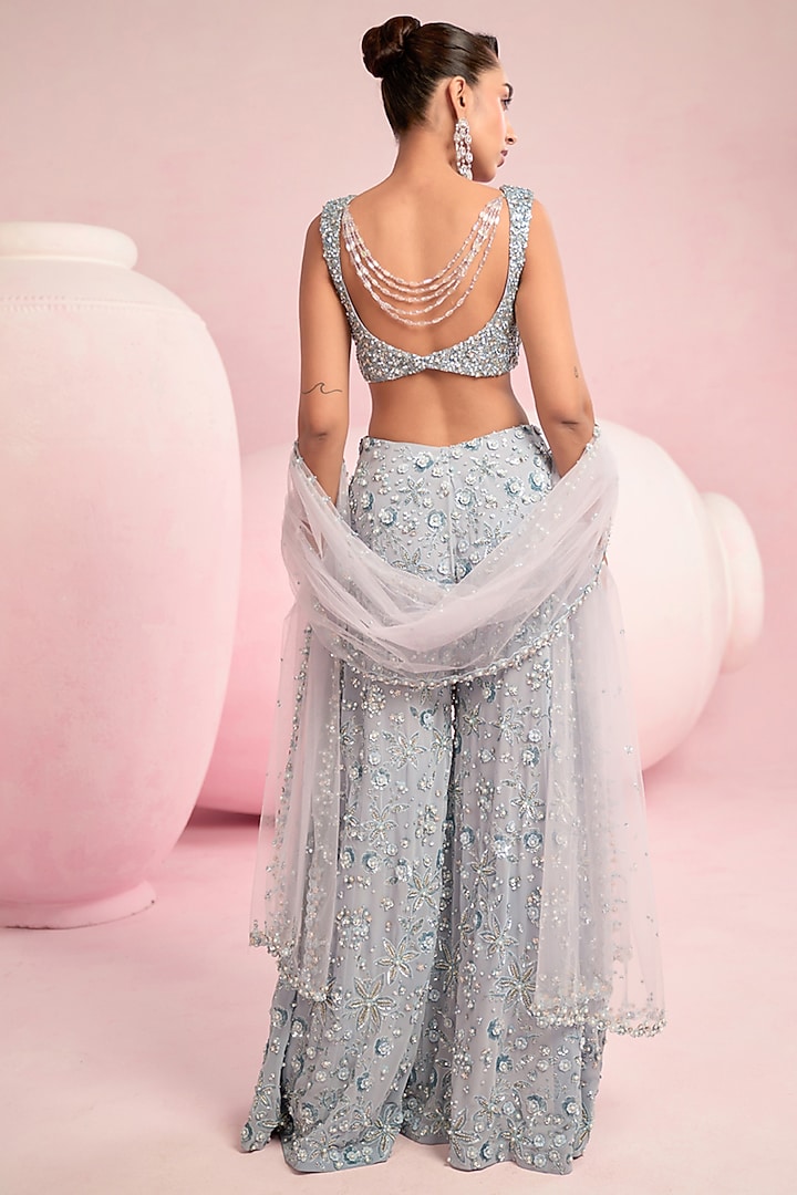 Pale Blue Georgette Zardosi Embroidered Bridal Sharara Set by Prevasu at Pernia's Pop Up Shop