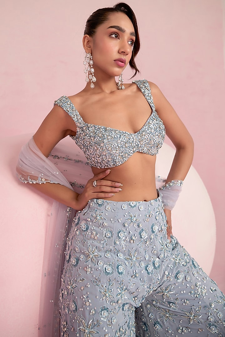 Pale Blue Georgette Zardosi Embroidered Bridal Sharara Set by Prevasu at Pernia's Pop Up Shop