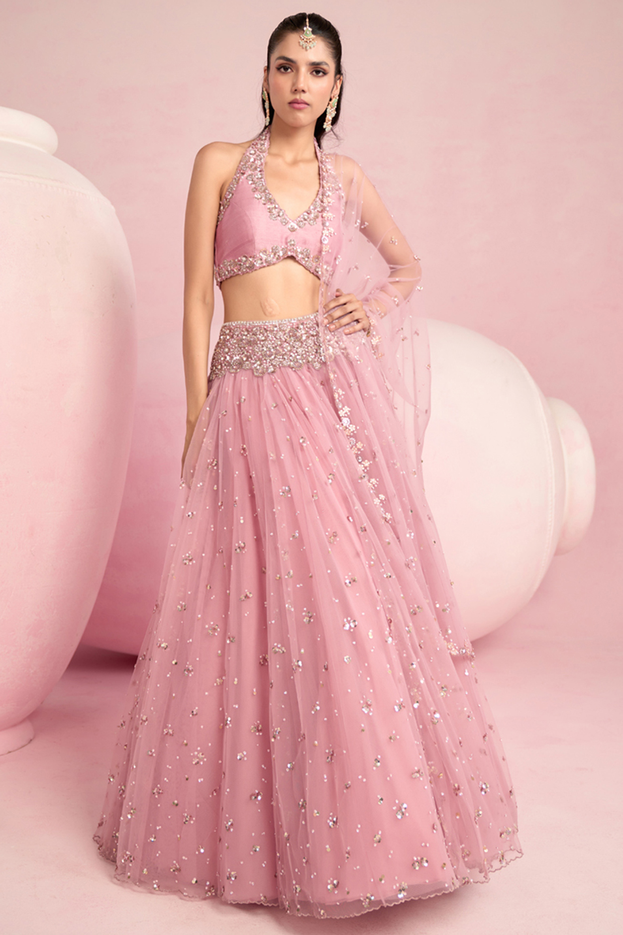 Soft Pink Tulle & Net Zardosi Embroidered Wedding Lehenga Set by Prevasu at Pernia's Pop Up Shop