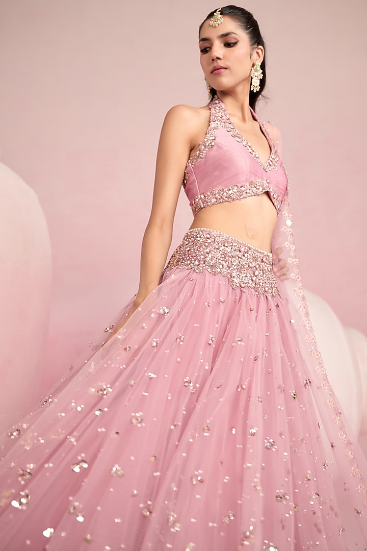 Soft Pink Tulle & Net Zardosi Embroidered Wedding Lehenga Set by Prevasu at Pernia's Pop Up Shop