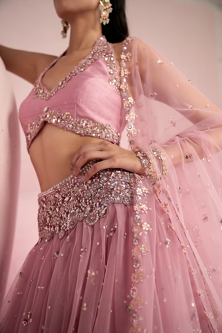 Soft Pink Tulle & Net Zardosi Embroidered Wedding Lehenga Set by Prevasu at Pernia's Pop Up Shop