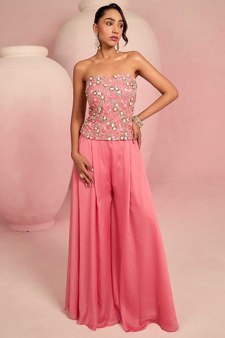 Pop Pink Shimmer Georgette Wedding Sharara Set by Prevasu at Pernia's Pop Up Shop