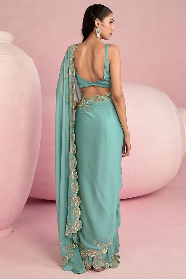 Turquoise Blue Georgette Zardosi Embroidered Wedding Saree Set by Prevasu at Pernia's Pop Up Shop