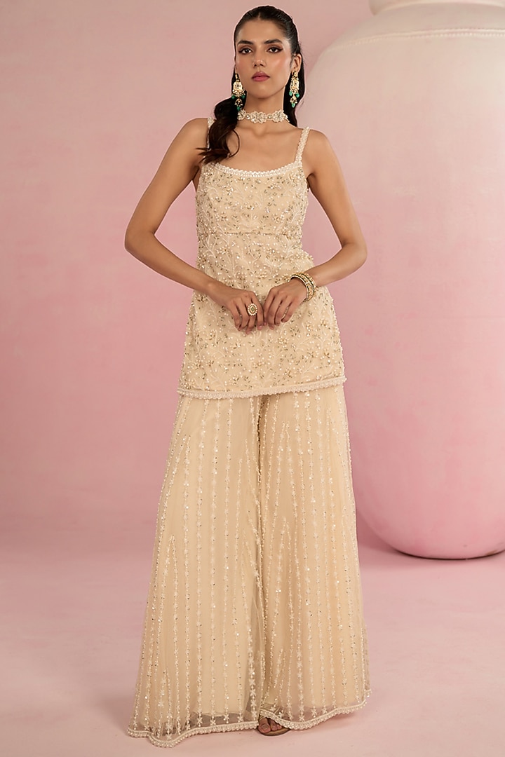 Ivory Net Bridal Sharara Set by Prevasu at Pernia's Pop Up Shop