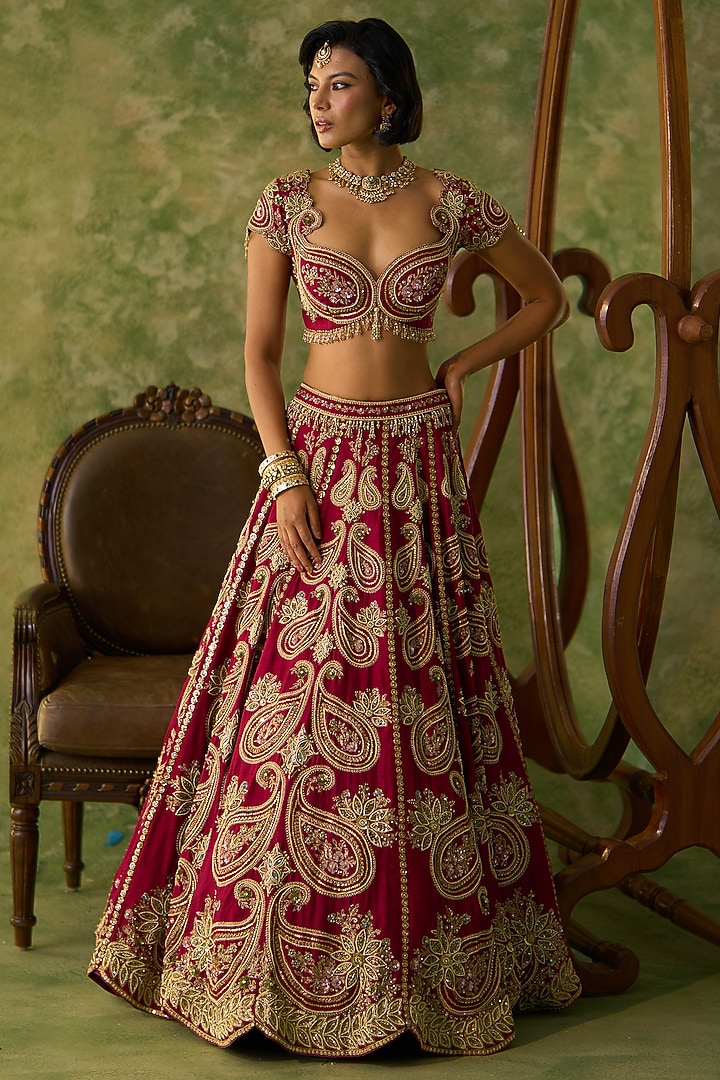 Maroon Silk Zardosi Embroidered Bridal Lehenga Set by Prevasu at Pernia's Pop Up Shop