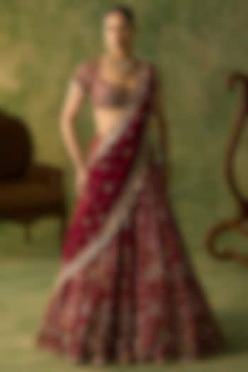 Maroon Silk Floral Motif Embroidered Bridal Lehenga Set by Prevasu at Pernia's Pop Up Shop