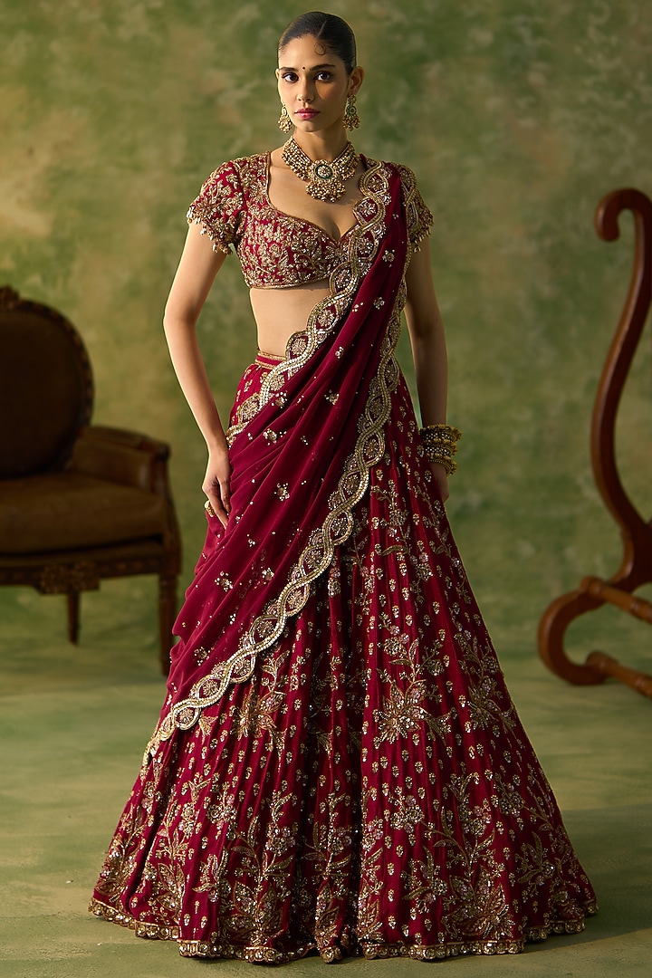 Maroon Silk Floral Motif Embroidered Bridal Lehenga Set by Prevasu at Pernia's Pop Up Shop