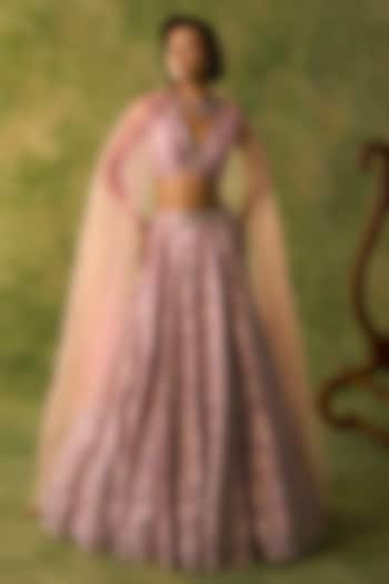 Lavender Chanderi Brocade Floral Embroidered Bridal Lehenga Set by Prevasu at Pernia's Pop Up Shop