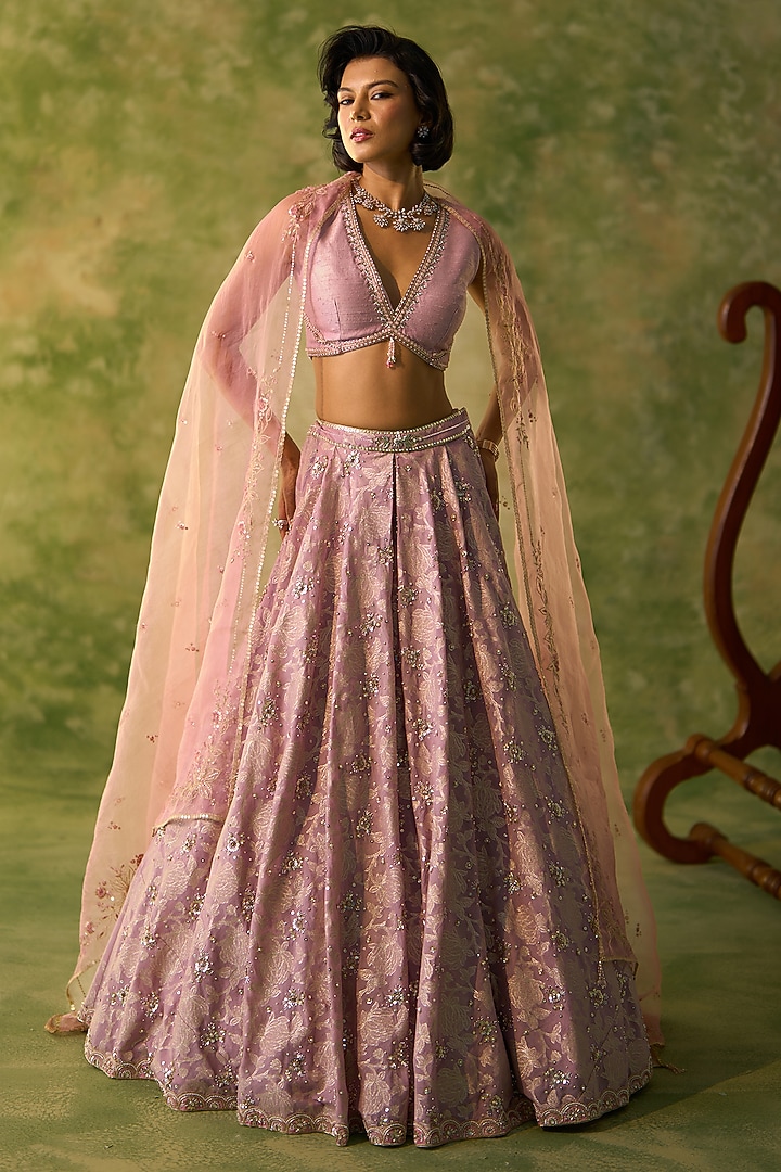 Lavender Chanderi Brocade Floral Embroidered Bridal Lehenga Set by Prevasu at Pernia's Pop Up Shop