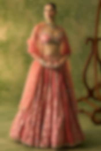 Peach Chanderi Brocade Embroidered Bridal Lehenga Set by Prevasu at Pernia's Pop Up Shop
