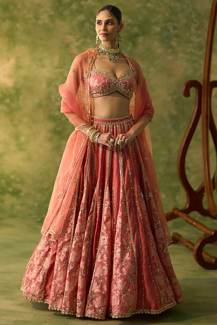 Peach Chanderi Brocade Embroidered Bridal Lehenga Set by Prevasu at Pernia's Pop Up Shop