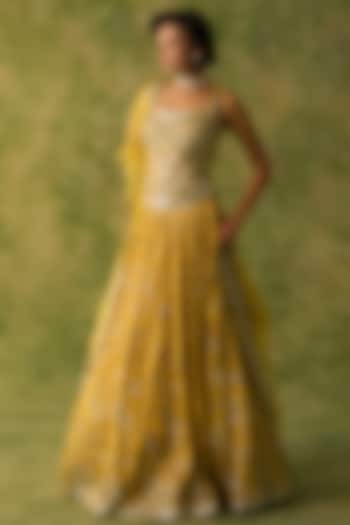 Mustard Yellow Tissue Embroidered Bridal Lehenga Set by Prevasu at Pernia's Pop Up Shop