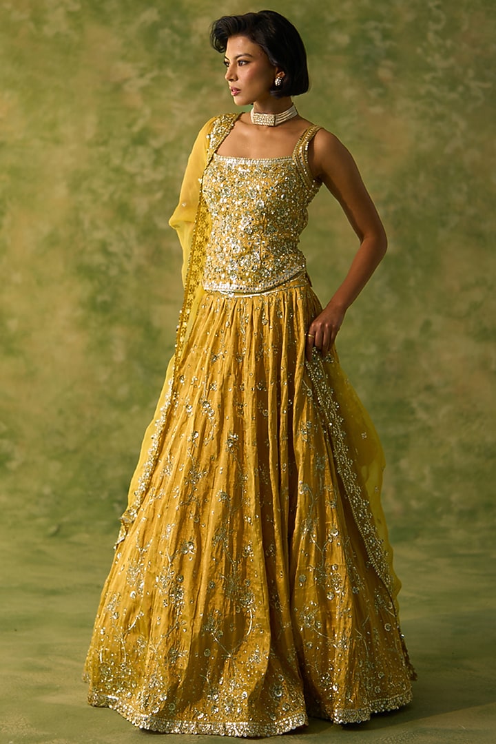 Mustard Yellow Tissue Embroidered Bridal Lehenga Set by Prevasu at Pernia's Pop Up Shop