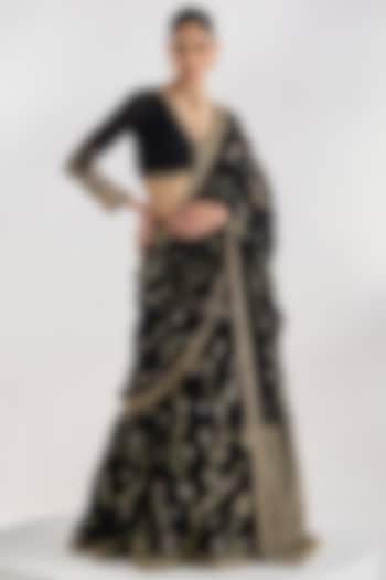 Black Georgette Hand Embroidered Bridal Lehenga Saree Set by Prevasu at Pernia's Pop Up Shop