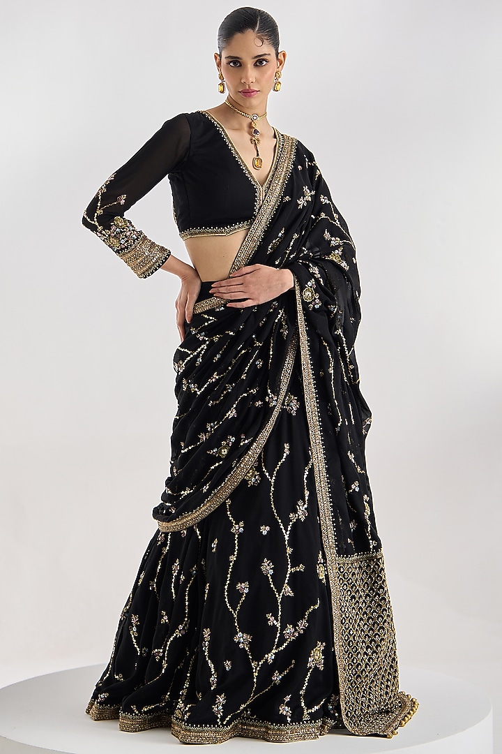 Black Georgette Hand Embroidered Bridal Lehenga Saree Set by Prevasu at Pernia's Pop Up Shop