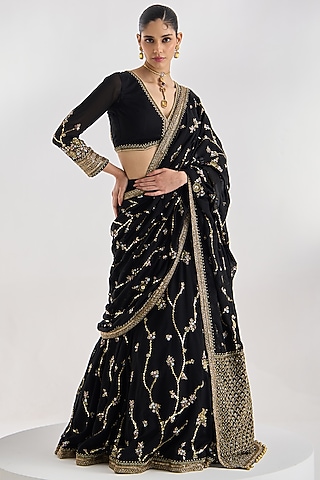 Black Georgette Hand Embroidered Lehenga Saree Set by Prevasu