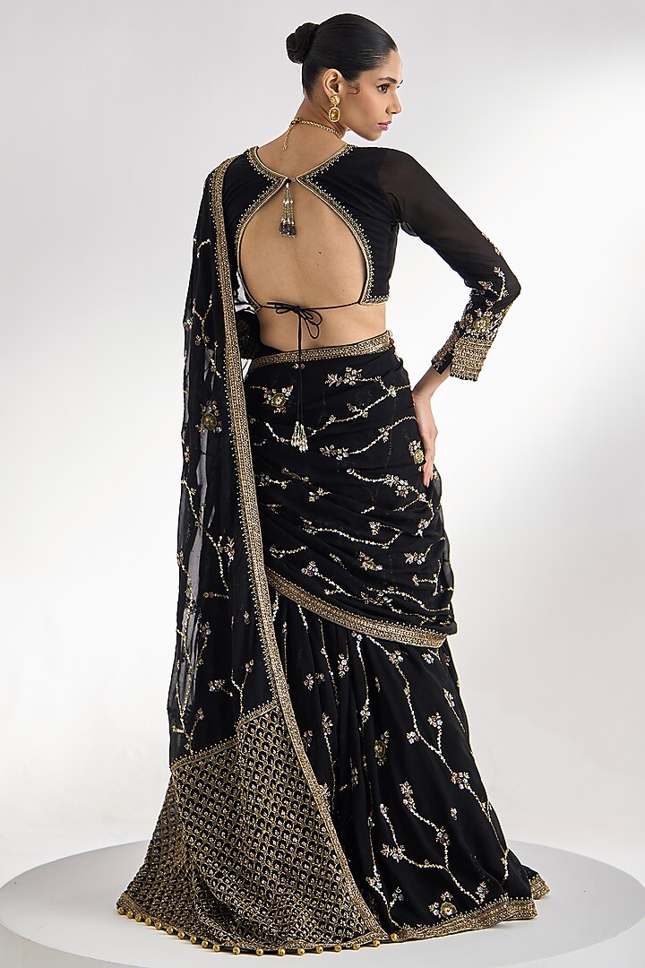 Black Georgette Hand Embroidered Bridal Lehenga Saree Set by Prevasu at Pernia's Pop Up Shop