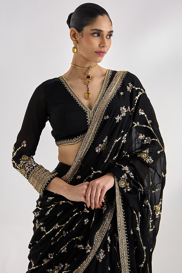 Black Georgette Hand Embroidered Bridal Lehenga Saree Set by Prevasu at Pernia's Pop Up Shop