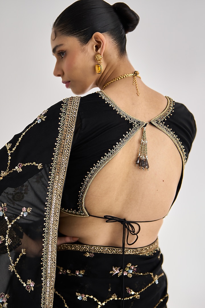 Black Georgette Hand Embroidered Bridal Lehenga Saree Set by Prevasu at Pernia's Pop Up Shop