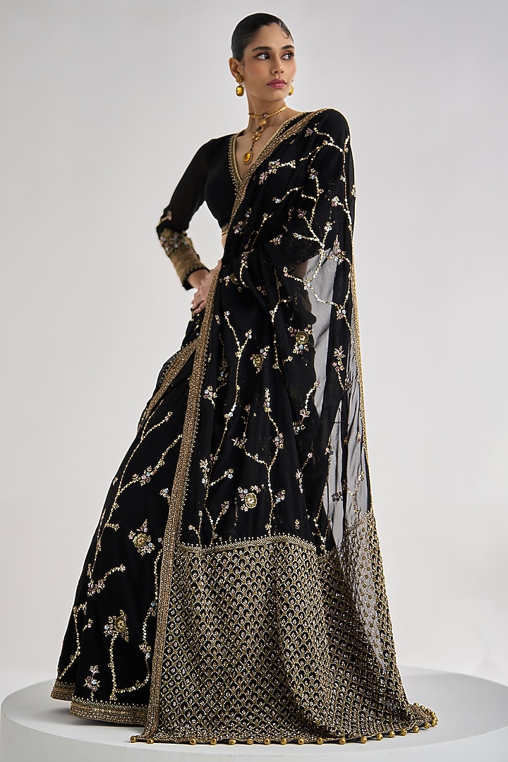 Black Georgette Hand Embroidered Bridal Lehenga Saree Set by Prevasu at Pernia's Pop Up Shop