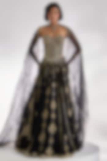 Black Georgette Sequins Embroidered Bridal Lehenga Set by Prevasu at Pernia's Pop Up Shop