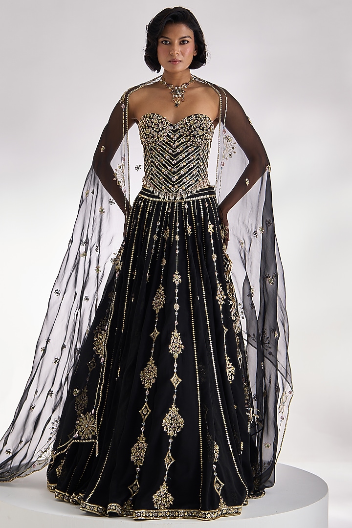 Black Georgette Sequins Embroidered Bridal Lehenga Set by Prevasu at Pernia's Pop Up Shop