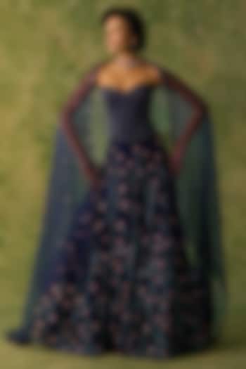 Navy Blue Georgette Floral Embroidered Bridal Lehenga Set by Prevasu at Pernia's Pop Up Shop