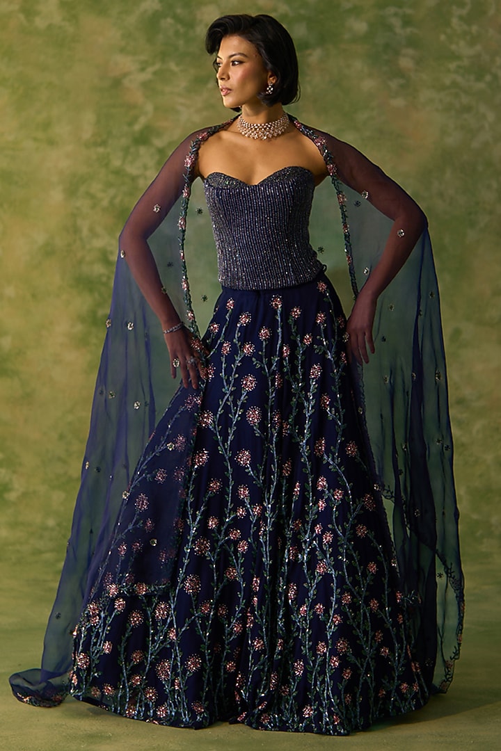 Navy Blue Georgette Floral Embroidered Bridal Lehenga Set by Prevasu at Pernia's Pop Up Shop